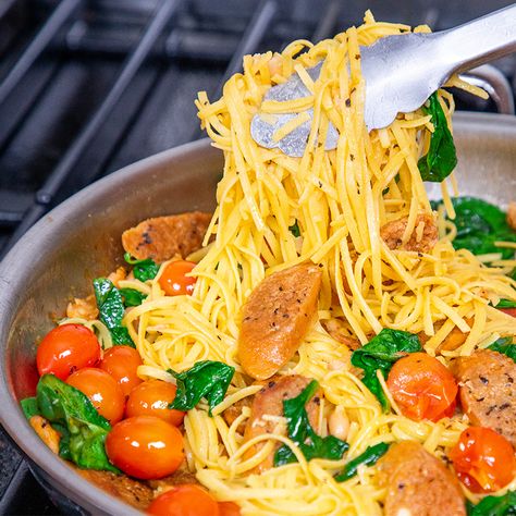 Tuscan Style Beyond Sausage Pasta - Beyond Meat - The Future of Protein™ Beyond Beef Recipes, Beyond Sausage, Sausage Pasta Recipe, Sausage Pasta Recipes, Burger Meat, Linguine Pasta, Meat Pasta, Batter Recipe, Dried Basil