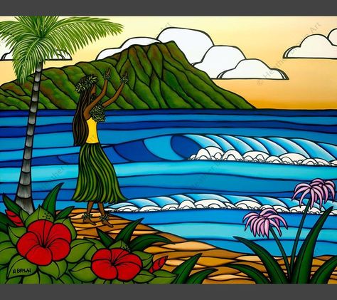 Hula Girl Heather Brown Art, North Shore Oahu, Hawaiian Art, Beach Artwork, Posca Art, Heather Brown, Waves Crashing, Hawaiian Beach, Brown Art