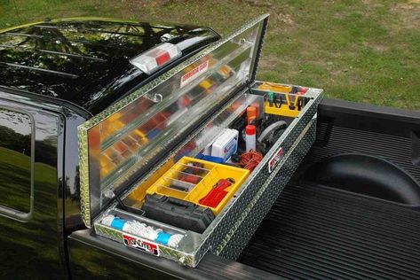 Truck Toolbox Organization, Toolbox Organization, Work Truck Organization, Work Truck Storage, Caddy Diy, Truck Bed Tool Boxes, Truck Organization, Car Organization Diy, Trailer Organization