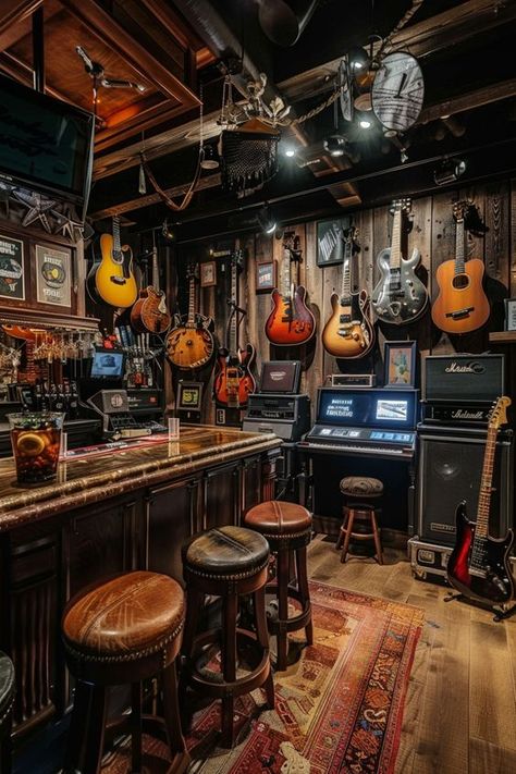 Turn your basement into an exciting entertainment hub with unique bar concepts. Click to see more. Garage Sports Bar Ideas, Den Bar Ideas, Live Music Bar Design, Basement Rec Room Ideas Families, Tasteful Man Cave, Cozy Bar Aesthetic, Bar Tops Ideas, Music Bar Design, Garage Bar Ideas Man Caves