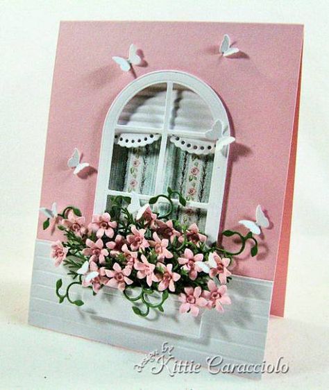 HYCCT1227 Window of Hope by kittie747 - Cards and Paper Crafts at Splitcoaststampers Window Ledge, Paper Wreath, Anna Griffin Cards, Window Cards, Frame Card, Flowers And Butterflies, Die Cut Cards, Birthday Cards Diy, Creative Cards