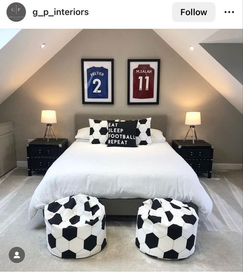 Boys Aston Villa Bedroom, Lfc Bedroom Ideas, Tottenham Bedroom Ideas, Teenage Soccer Bedroom, Man City Bedroom Ideas, Messi Bedroom Ideas, Boys Bedroom Ideas Soccer, Teenage Boys Bedroom Ideas Football, Teen Boy Soccer Bedroom