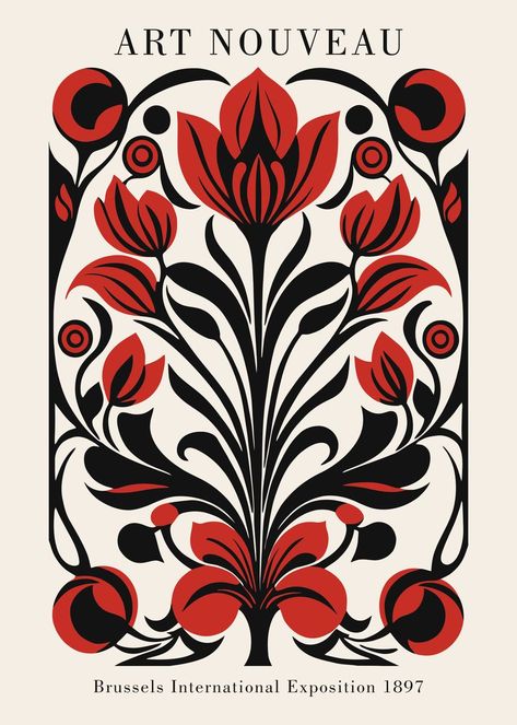 'Red Art Nouveau Nature' Poster, picture, metal print, paint by HyggeStudio | Displate Art Deco Floral Design, Mexican Art Nouveau, Dark Floral Illustration, Art Nouveau Flowers Illustration Floral Patterns, Art Nouveau Details, Art Deco Flowers Illustration, Art Deco Motifs Pattern, Art Noveau Flores, Red Flowers Illustration