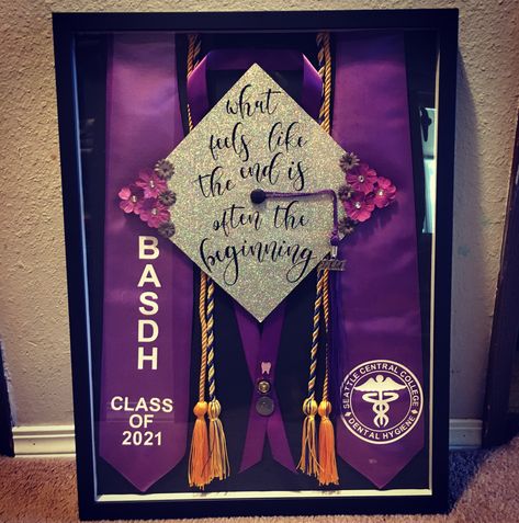 How To Display Graduation Cords, College Diploma Display Ideas, Graduation Cords Display, Framed Cap And Gown Graduation, Dental Hygiene School Graduation Caps, Graduation Stole Display, Graduation Cap Display, Graduation Cap Shadow Box Display, Graduation Cap Frame Ideas