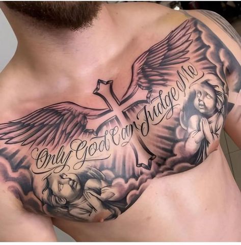 Tattoo Ideas Chest Mens, Biblical Chest Tattoos For Men, Chest Cross Tattoo For Men, Cross Chest Tattoo Men, Chest Tats Men, Money Power Respect Tattoo, Chest Tattoo Stencil Men, Full Chest Tattoo Men, Men Chest Tattoo Ideas