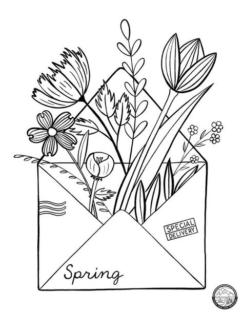 Spring Arrival Coloring Page Flower Coloring Book Pages, Spring Things To Draw, Cute Flower Coloring Pages, Cricut Coloring Pages, Spring Drawings Easy, Aesthetic Colouring Pages Simple, Spring Drawings Ideas, Spring Drawing Easy, Spring Drawings Ideas Art