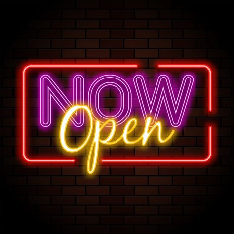 Now open neon sign | Premium Vector #Freepik #vector #vintage #party #design #light Elle Beauty, Food Shoot, Face Creams, Neon Logo, Photo Logo Design, Open Signs, Retro Background, Framed Wallpaper, Neon Design