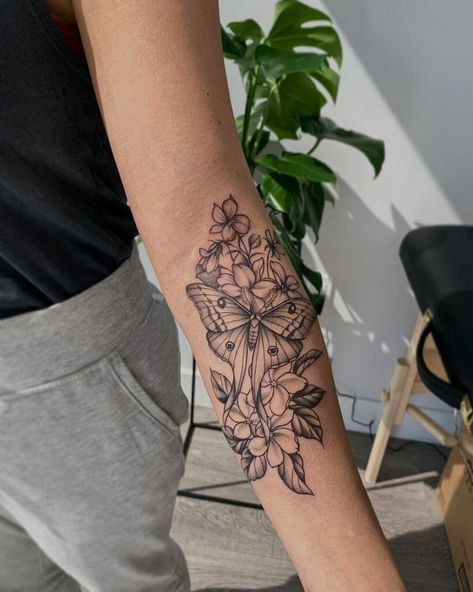 Violet Flower With Butterfly Tattoo Female Forearm Tattoo Ideas Half Sleeves, Arabian Jasmine Flower Tattoo, Top Arm Tattoo, Arabian Jasmine Flower, Jasmine Flower Tattoo, Violet Flower Tattoo, Butterfly Violet, Violet Flower Tattoos, Plant Tattoos