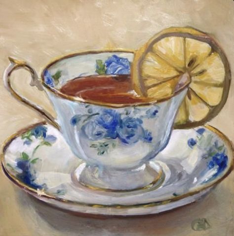 Tea Cup Art, Cup Art, Lemon Tea, Daily Painting, Contemporary Abstract Art, Tea Art, Still Life Art, Art Inspiration Painting, Daily Paintworks