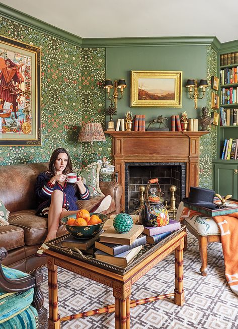 Inside an Eclectically Traditional Home All the Way Upstate - Cottages & Gardens Chinoiserie Chair, Vintage Maximalist Decor, Traditional Eclectic, Maximalist Home, Eclectic Living Room, Maximalist Decor, Modern Fireplace, Striped Wallpaper, Wallpaper Living Room