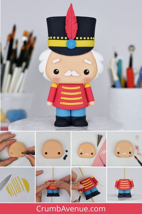 Cute Kawaii Christmas Nutcracker - step by step fondant Cake Topper Tutorial, gum paste figurine, winter, festive, noel, holidays, uniform, cake decorating, sugar art, modelling paste, sugarpaste, cute cakes for kids, fondant cakes for girls and boy, unique celebration cake ideas girl and boy, crumb avenue tutorials, grandpa, elderly man, einstein, kids crafts, cake craft, simple people figurines Fimo, Celebration Cake Ideas, Bolo Panda, Cakes For Kids, Fimo Kawaii, Nutcracker Christmas Decorations, Nutcracker Decor, Diy Christmas Village, Christmas Cake Designs