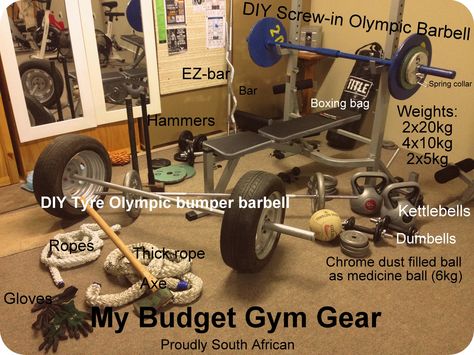 My Home Gym on a budget. DIY Bumper barbell  DIY compact screw-in barbell DIY Weight plates cut from 20mm sheet metal. Small netball ball filled with chrome dust for 6kg medicine ball. Hammers, ropes, axe, kettlebells. Netball Ball, Homemade Workout Equipment, Diy Bumper, Homemade Gym Equipment, Home Gym On A Budget, Home Made Gym, Diy Gym Equipment, Kettlebell Cardio, Diy Home Gym