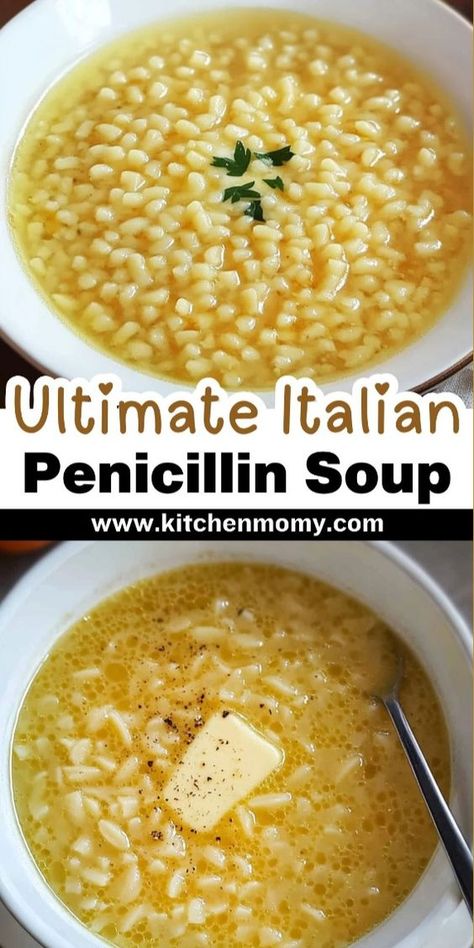 Love a hearty soup that's both delicious and healing? Try Italian Penicillin! This recipe is packed with vibrant flavors and wholesome ingredients. It's not just food; it's your go-to for a stress-free meal. With simple steps, you can whip up this delightful dish and embrace its warmth. Medicine Soup Recipe, Simple Ingredient Soup, Comfort Sick Food, Italian Soup For Colds, Easy Sick Day Soup, Easy Soup When Sick, Single Serve Soup Recipes, Italian Pencilling Soup, Easy Soups For When Your Sick