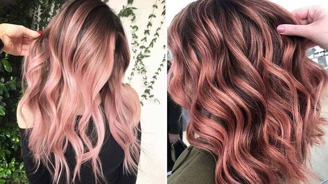 Rose Gold And Blonde Highlights On Brown Hair, Dark Hair With Rose Gold Balayage, Rose Colored Hair For Brunettes, Balayage, Dimensional Rose Gold Hair, Caramel Rose Gold Hair, Blonde With Red Lowlights Hair Rose Gold, Gold Rose Hair Color, Hair Colour Rose Gold