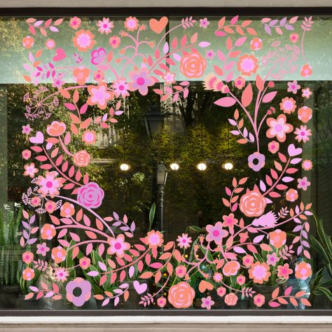 Spring Floral Border Retail Window Vinyl Enhance your store's visual appeal this spring with our vibrant retail window vinyl stickers. These eye-catching decals are designed for effortless application and removal, ensuring your display stands out. Easy-to-follow instructions are included for a quick setup. Can be trimmed to fill rectangular windows, order height that suits your window. Window Display Painting, Pink Window Display, Vinyl Windows, How To Paint On Windows, Window Sticker Design, Spring Window Painting, Easy Floral Painting, Floral Mural, Window Painting Ideas