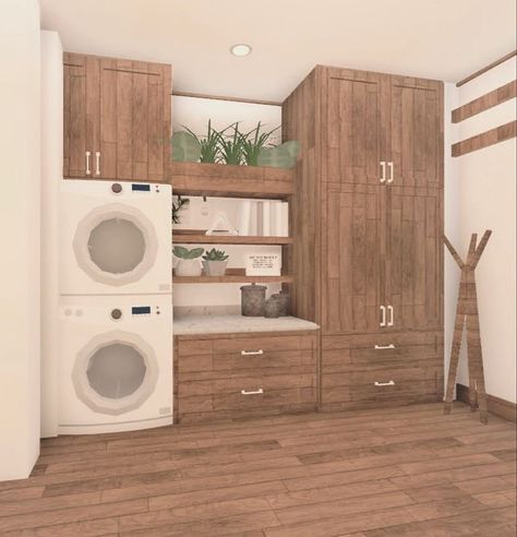 Bloxburg Downstairs Bathroom, Bloxburg Small House Interior, Cute Bloxburg Decor Ideas, Aesthetic Home Layout, Suburban Laundry Room Bloxburg, Bloxburg Home Decor, Bloxburg House Floor Plan 1 Floor, Bloxburg Design Ideas, Laundry Room Design Bloxburg