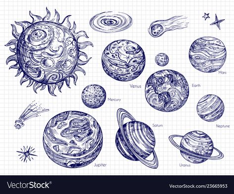 Planets Drawing Tattoo, Solar System Sketch, Planet Sketches Solar System, Planet Line Art, Solar System Cartoon, Black And White Solar System Tattoo, Solar System Drawing, Planets Of Solar System, Planets Illustration Solar System