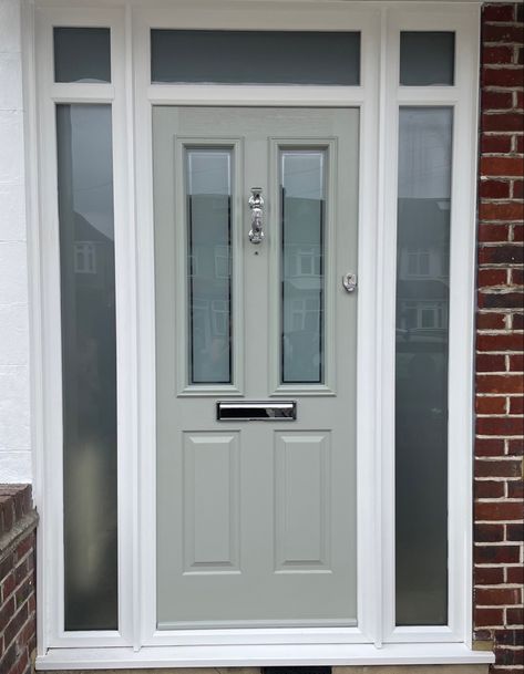 Ludlow 2 Grey Front Door White House, Pale Grey Front Door, Pale Green Front Door, White Composite Front Door, Painswick Front Door, Agate Grey Front Door, Front Door Ideas Uk, Sage Front Door, Glass Front Door Ideas