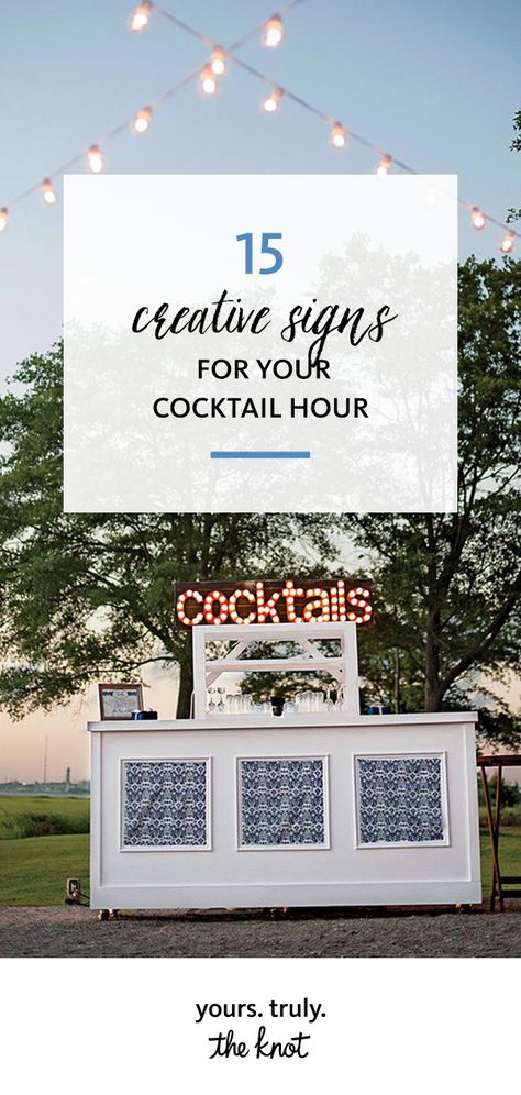 Point wedding guests to the bar with a custom sign that complements your reception décor. Fun Wedding Bar Ideas, Fun Bar Signs, Wedding Bar Decor Ideas, Cocktail Hour Signs For Wedding, Cocktail Hour Sign, Bar Signs For Wedding, Wedding Cocktail Hour Decor, Wedding Bar Decor, Wedding Cocktail Party