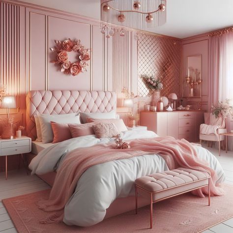 Pink Bedroom Rose Gold Accent Pink And Beige Bedroom, Bedroom Rose Gold, Light Pink Rooms, Pink Bedroom Decor Ideas, Winter Bedroom Decor, Rose Gold Rooms, Beautiful Bed Designs, Blush Pink Bedroom, Rose Gold Bedroom