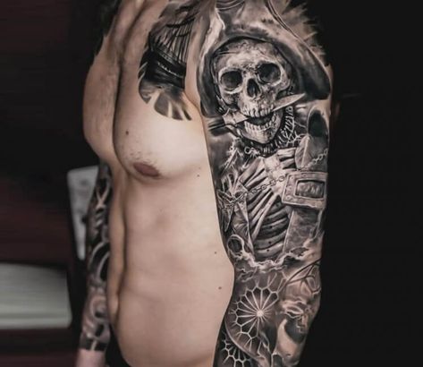 Pirate Skull Tattoos For Men, Ghost Pirate Tattoo, Pirate Chest Tattoo, Pirate Theme Tattoo, Skeleton Pirate Tattoo, Skull Pirate Tattoo, Pirate Sleeve Tattoo, Pirate Themed Tattoos, Pirate Tattoo Sleeve