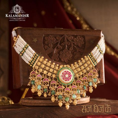 A little extraordinary is all one need, to get ready #SajDhajKe for the special day. Here is a masterpiece to make your day fab!   Explore more exquisite Jewellery only at @kalamandirjewellers. 🌟Offer Alert🌟 : Only 10% making charges on '22KT Gold Jewellery' T & C apply. For further information contact us at - 9510970230 #kalamandirjewellers #Sajdhajke #22ktgold #instabridal #weddingjewellery #weddings #uniquejewellerydesign #jewellerystore #tendyjewellery #indianjewellery #Set Moti Choker, Choker Design, Kundan Jewellery Bridal, Antique Necklaces Design, Modern Gold Jewelry, Choker Designs, Bridal Jewellery Design, Pearl Necklace Designs, Gold Necklace Indian Bridal Jewelry