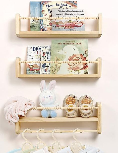 [ Floating Nursery Bookshelf ] Floating shelf designed specifically for baby rooms, a 3-piece design with a large overall capacity and space-saving, capable of storing various items: picture books, comics, dolls, trinkets, small shoes, clothes, etc [ Natural solid wood material ] Floating bookshelf is made of 100% high quality pine wood without any paint, safe and healthy, green and pollution-free. Natural wood will add a rustic atmosphere to your bedroom, bathroom, living room, office or more Wood Bookshelf Wall, Nursery Floating Shelves, Wall Bookshelves Kids, Diy Trinkets, Hanging Bookshelves, Floating Books, Playroom Inspiration, Nursery Book, Floating Bookshelf