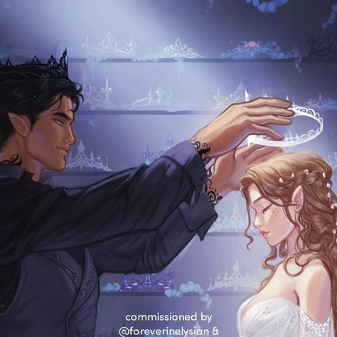 Swetha Mahesh on Instagram: "Feyre and Rhys from ACOWAR @foreverinelysian and I wanted to bring the iconic scene where Rhys takes Feyre to select a crown for her first official meeting as High Lady.  The scene is depicts Feyre coming into her own and truly embracing the title and we love it.  Artist @gessueter what can I say , we have seen her grow into one of the most promising, talented artist within the book fandom , every artwork of hers is a masterpiece and so beautifully depicted. Thank you for this opportunity Gessica and we thoroughly enjoyed working with you.   Repost Not Allowed   Characters belong to @sarahjmaas   #acotar #feysand #feyre #rhysand #acowar #acomaf #acourtofmistandfury #acourtofwingsandruin" Feysand Starfall, Sjm Universe, Court Of Mist And Fury, Feyre And Rhysand, Dance With Me, A Court Of Wings And Ruin, Sarah J Maas Books, A Court Of Mist And Fury, Books Aesthetic