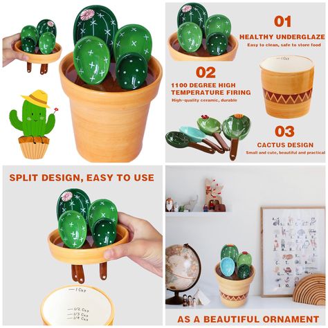 Cactus Measuring Spoons and Cups Set, Cute Ceramic Measuring Spoons, Baking Cacti Measuring Spoon with Holder for Milk Powder Sugar Salt Wet Dry Ingredients, Kitchen Home Small Decorations Ornaments Measuring Spoons Ceramic, Cactus Humor, Pottery Idea, Grabby Hands, Small Decorations, Powder Sugar, Cactus Design, Split Design, Cups Set