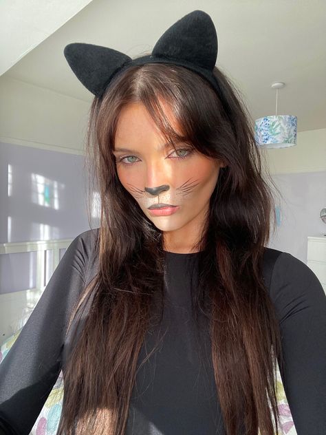 Picture of girl wearing cat ears, with cat make up on which includes whiskers, a black nose and white highlighting around the mouth. Cat Halloween Face Makeup, Basic Cat Makeup, Cat Custom Halloween, Scary Black Cat Costume, Cat Makeup Halloween Simple, Cat Halloween Costume Makeup, Easy Diy Cat Costume, Scary Cat Makeup, Cat Nose Makeup