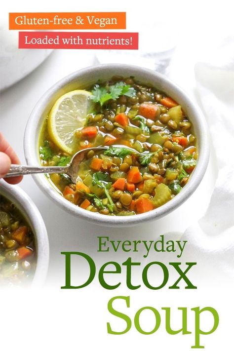 This Detox Soup recipe is made with anti-inflammatory ingredients, like ginger & turmeric, which may help boost digestion and reduce bloating. It's so comforting, I want to eat it almost every day! #dairyfree #vegan #plantbased Iron Soup Recipes, Low Residue Soup Recipes, Detoxing Recipes, Detox Soup Recipes, Red Lentil Soup Recipe, Soup Cleanse, Vegan Detox, Reflux Diet, Detox Salad