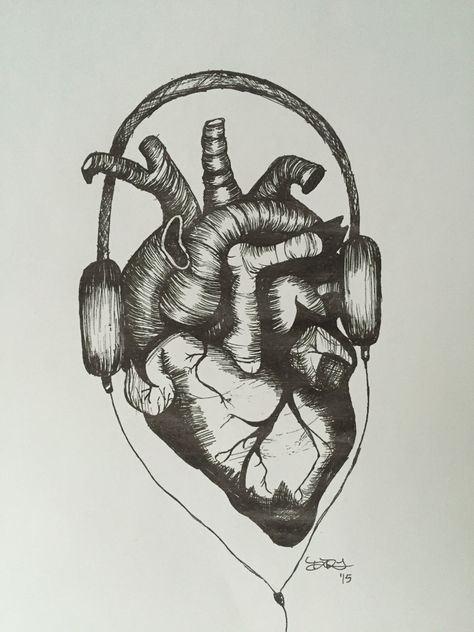 Heart Drawing Sketch, Heart Listening To Music Drawing, Heart Guitar Drawing, Heart With Headphones, Listening To Music Sketch, Music Heart Drawing, Listening To Music Art, Listen To Your Heart Tattoo, Music Art Drawing Creative