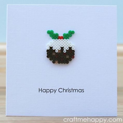 Hama Bead Christmas Puddings  •  Free tutorial with pictures on how to make a beaded card in under 60 minutes Hama Bead Christmas, Hama Beads Christmas, Mini Hama Beads, Christmas Puddings, Hamma Beads Ideas, Christmas Cards Kids, Cat Christmas Tree, Simple Christmas Cards, Hama Beads Design