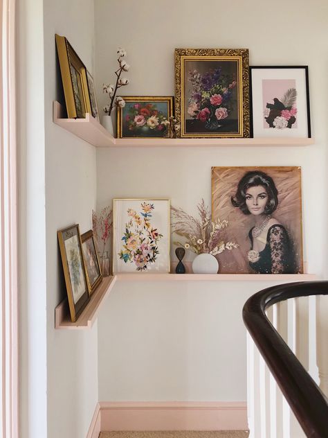 Vintage art creating a gallery wall on a Ikea picture ledge painted pink. Hallway decor. Hallway ideas. Displayed hallway art. Blush pink interiors. Pink decor. Ikea hack. Ikea Picture Ledge, Ikea Hack Storage, Landing Ideas, Hallway Makeover, Best Interior Paint, Pink Paint Colors, Hallway Art, Upstairs Hallway, Picture Shelves