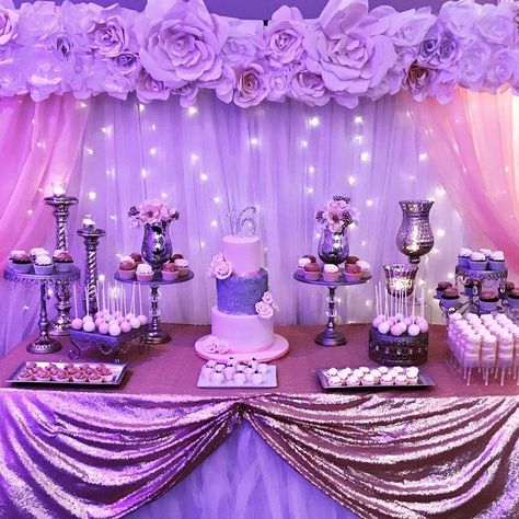 Sweet 16 | CatchMyParty.com 15 Party Ideas Quinceanera, Purple Quinceanera Theme, Purple Sweet 16, Sweet 16 Party Themes, Sweet 15 Party Ideas Quinceanera, Sweet 15 Party Ideas, Sweet 16 Party Decorations, Purple Birthday Party, Sweet 16 Themes