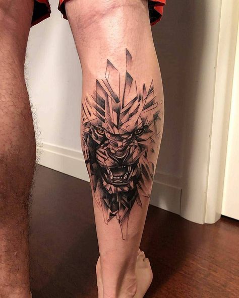 Indian Tattoo Design For Men Leg, Tattoo Designs Men Leg Calf, Tattoo For Leg Men, Back Of Leg Tattoos Men, Tattoo For Leg For Men, Geometric Tiger Tattoo Design, Leg Lion Tattoo, Style Tattoo Men, Men’s Calf Tattoo