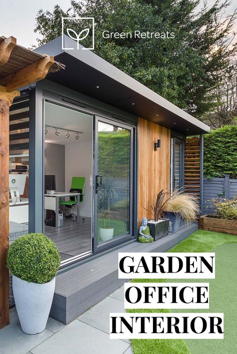 Garden Office Ideas Workspaces, Garden Design Office, Outside Room Ideas Backyards, Modern Garden Buildings, Garden Office With Pergola, Garden Home Office Interiors, Outdoor Office Design, Outside Studio Ideas, Garden Office And Shed