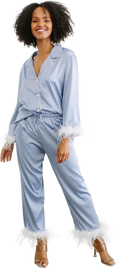 Trendy feather PJs on Amazon for your bridesmaids.  The perfect Something Blue Christmas Pajama Pictures, Bridesmaid Pjs, Bridal Pajamas, Wedding Bachelorette Party, Satin Pajama, Silk Pajama Set, Feather Trim, Blue Feather, Satin Pyjama Set