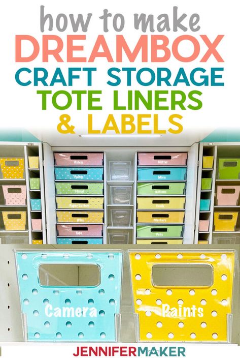 Make Dreambox Storage Tote Liners and Labels with Free SVG Cut Files #craftroom #organization #svgcutfile Dreambox Craft Storage, Organized Craft Room, Free Craft Supplies, Room Organizers, Box Room, Cleaning Stuff, Craft Station, Craft Tote, Dream Craft Room