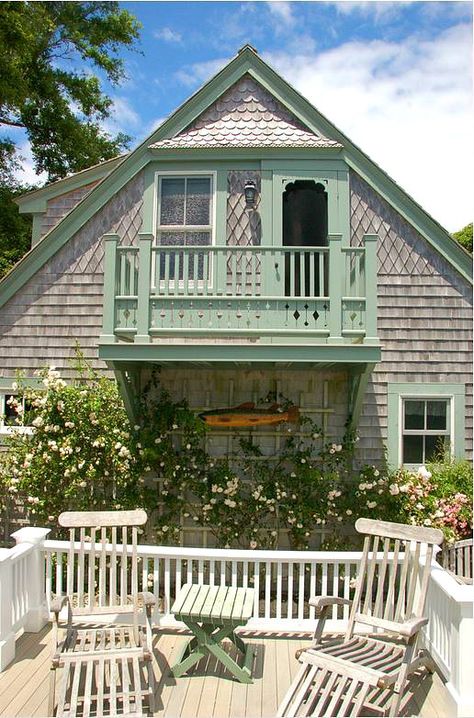 Found this sweet little cottage over at This Old House and Hooked on Houses.  This sweet little guest house on Cape Cod was converted from an old and dilapidated garage.  The couple put a great dea… Backyard Garage, House Balcony, Shingle Siding, Cape Cod House, Bedroom Remodel, Guest Cottage, House Siding, Apartment Balcony, French Cottage