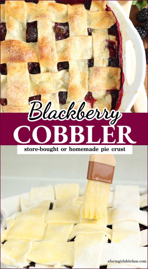 Blackberry cobbler with lattice pie crust in white rectangle baking dish. Frozen Blackberry Pie, Blackberry Cobbler With Pie Crust, Blackberry Dessert Recipes, Fruit Cobbler Recipe, Lattice Pie Crust, Cobbler Crust, Premade Pie Crust, Blackberry Dessert, Pie Crust Uses