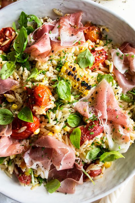 Orzo Salad with Prosciutto & Parmesan Vinaigrette - The Original Dish Basil And Rosemary Recipes, Weeknight Spring Dinner, Epic Salads, Summer Orzo, The Original Dish, Spring Salad Recipes, Orzo Salad, Summer Bbq, Easy Salads