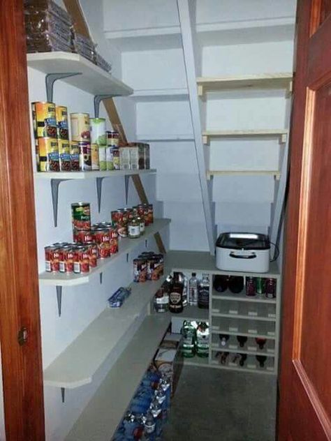 Pantry under stairs                                                                                                                                                                                 More Basement Pantry, Under Stairs Pantry, Understair Storage, Closet Under Stairs, Space Under Stairs, Basement Stairs Ideas, تحت الدرج, درج السلم, Staircase Storage