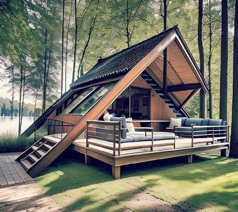 Cabin Style Homes, Wooden Cabin, A Frame House Plans, A Frame Cabin, A Frame House, Village House Design, Tiny House Cabin, Small Cabin, Cabin In The Woods