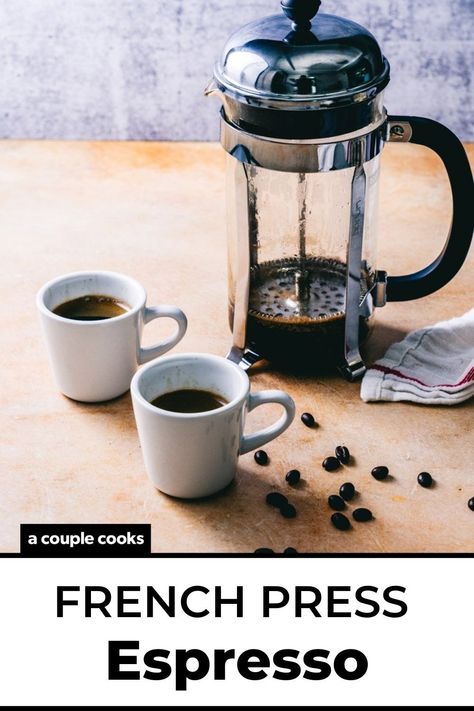 Here's how to make French press espresso! It's easy and makes great tasting espresso, no fancy machine required. #frenchpressespresso #espresso #frenchpress Espresso In French Press, French Press Espresso At Home, Espresso At Home No Machine, French Press Iced Coffee, Coffee Ratio, Best French Press Coffee, Coffee Creations, Espresso Drink, Cooking Fever