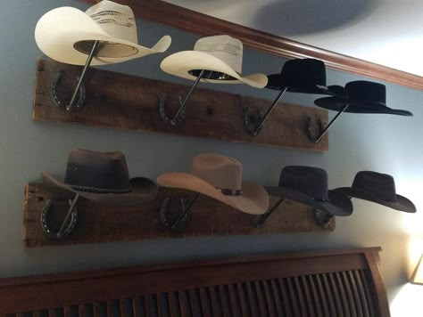 hat rack ideas Hat Rack Made From Horse Shoes, Wood Cowboy Hat Rack, Rustic Hat Holder, Welded Cowboy Hat Racks, Akubra Hat Rack, Rustic Cowboy Hat Rack, How To Hang Cowboy Hats, Cowboy Closet Ideas, Cool Hat Rack Ideas