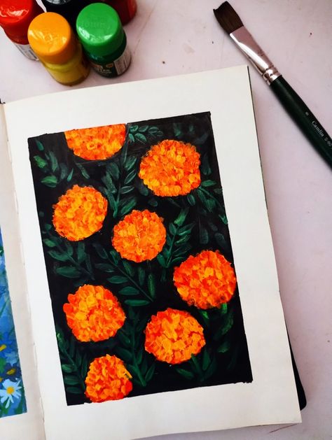 Marigold Painting Easy, Marigold Flower Painting, Easiest Painting, Marigold Painting, Shorts Painting, Gouache Flowers, Simple Paintings, Floral Paintings Acrylic, Animated Art