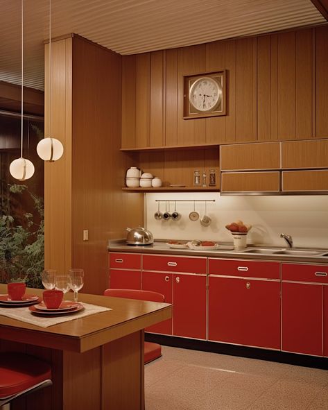 All-American family home in the suburbs / 1972 🧡 • • • • (AI images — MJ 5.2) #70sinterior #1970sinterior #70saesthetic #1970s #70svibes #70snostalgia #70sdecor #70s #vintage #interiordesign #homedecor #luxuryhomes 70s Architecture Interiors, 60s House Decor, 1970 Interior Design, 70’s Kitchen, 1980s Kitchen, 1980s Interior, 70’s Decor, Wood Kitchens, 70s Kitchen