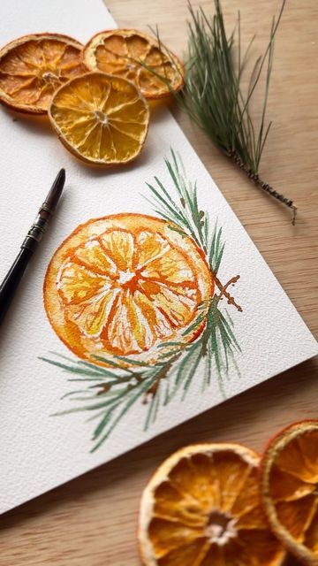 Kristin Van Leuven on Instagram: "Oranges are a huge part of Christmas for me. I dry orange slices to decorate the tree and string garlands around the house, we always have an orange at the foot of our stocking, and we make my favorite holiday drink called Wassail with lots of orange juice and orange slices. Do oranges play a role in your Christmas celebrations? Do you have a different tradition that you love? I love painting oranges at Christmas time because they add a beautiful POP of brigh Orange Slice Watercolor, Orange Slices Watercolor, Christmas Art Acrylic, Christmas Cards Art, Christmas Artwork Ideas, Easy Watercolor Paintings Christmas, Christmas Drawing Watercolor, Christmas Tree Watercolor Painting, Christmas Water Coloring Ideas