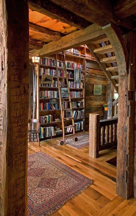 Cabin Library, Cozy Home Library, Home Library Design, Log Cabin Homes, Attic Rooms, Design Room, Rock Decor, Home Libraries, Unique Houses